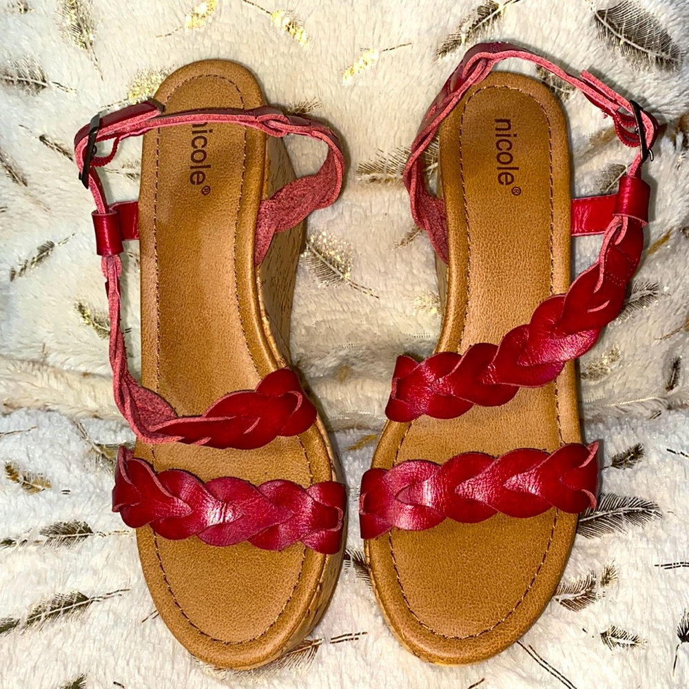 Nicole Braided Red Platform Heel Cork Sandals